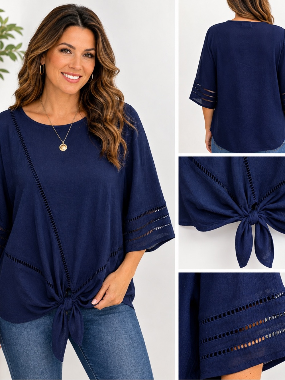 JohnPaulRichard Navy Tie-Front Tunic Top